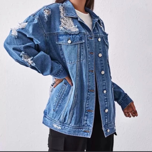 SHEIN Distressed Blue Jean Jacket - Picture 4 of 5
